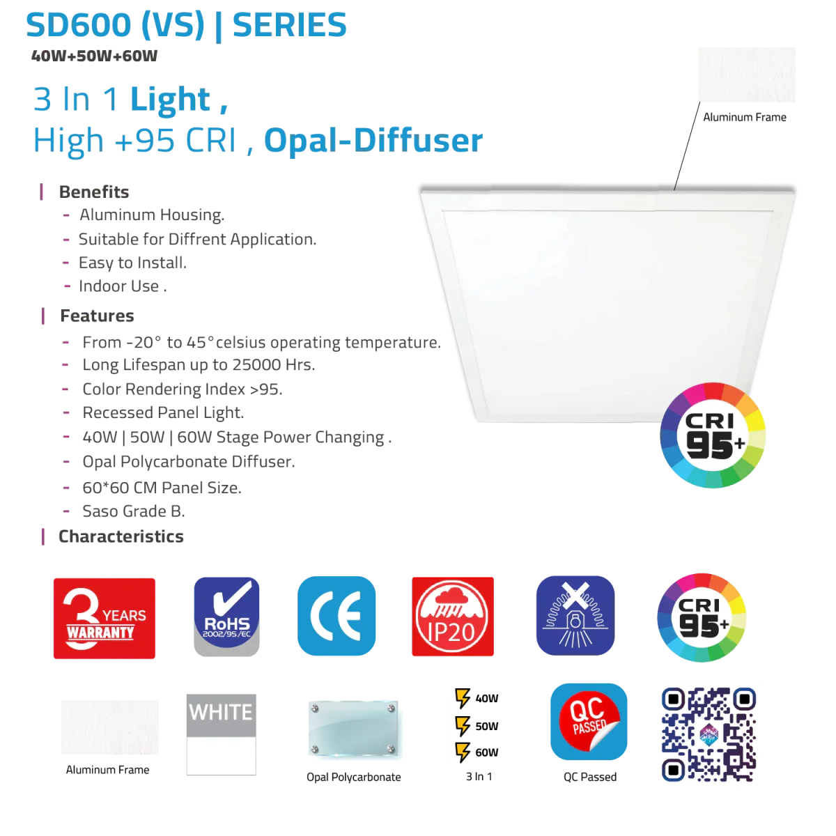 LED PANEL LIGHT (SD600 VS) – Adjustable 40W/50W/60W, High CRI >95, 60x60cm with Opal Diffuser - Image 7