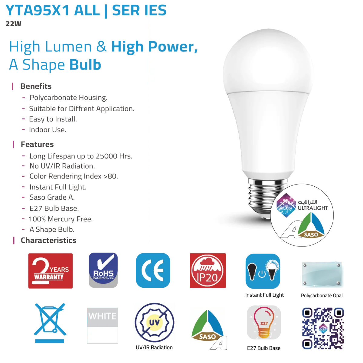 LED Light Bulb 22W E27 Base – High Lumen & High Power (YTA95X1) - Image 4